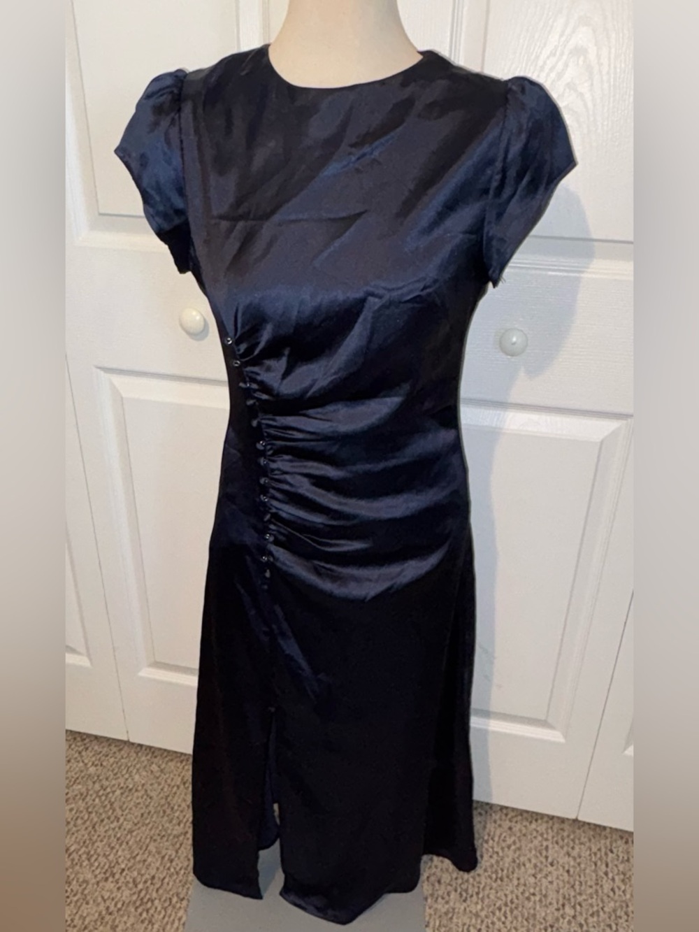 Petal & Pup Navy Satin Midi Dress with Side Buttons